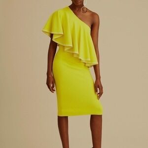 Diane Von Furstenberg Yellow One Shoulder Ruffle Front Bodycon Midi Dress